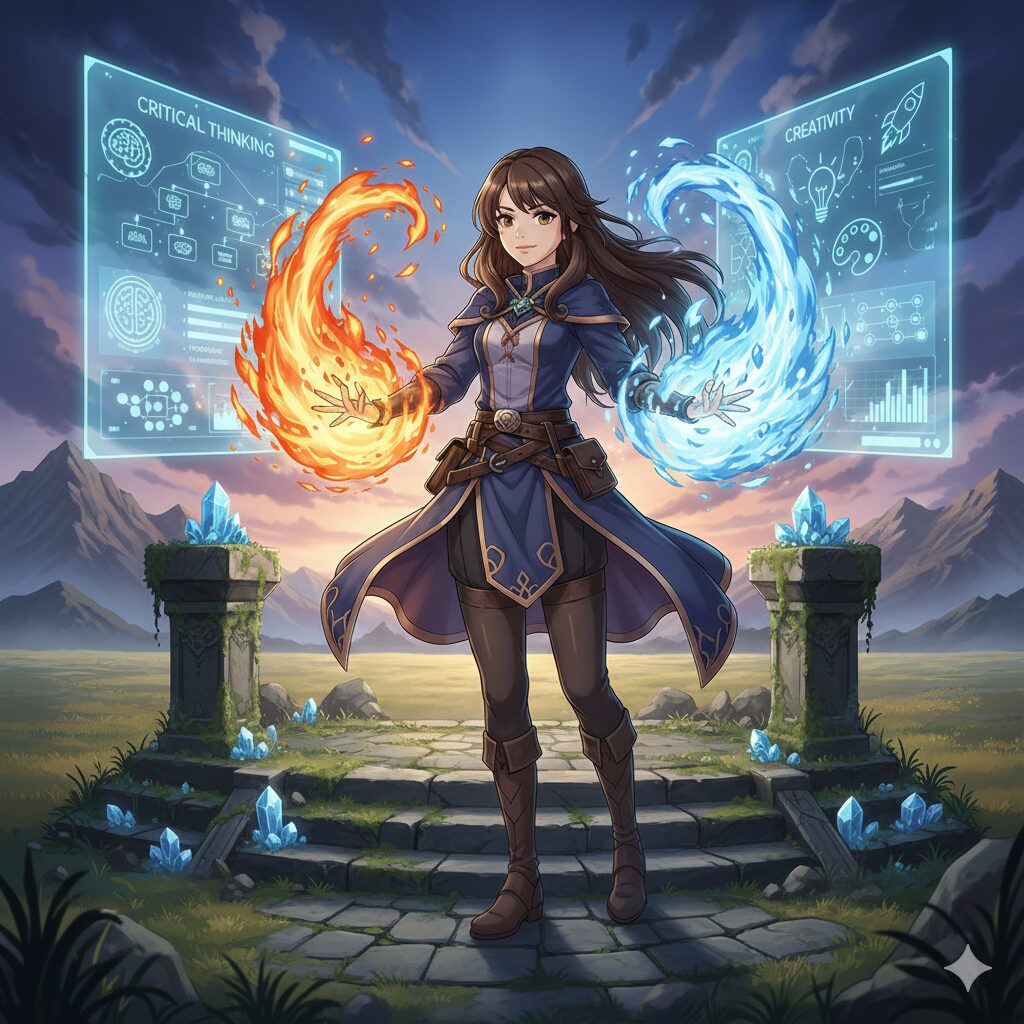 広大なファンタジーの世界で、炎と氷の魔法を操る力強い女性魔法使いが描かれたアニメ風イラスト。背後には「CRITICAL THINKING（批判的思考）」と「CREATIVITY（創造性）」を示すホログラムのようなスキルツリーが表示されており、AI時代を生き抜くための「たった2つの能力」を象徴している。キャリアの不安を解消し、AIを“最強の相棒”に変えるためのスキル習得をテーマにしたブログのアイキャッチ画像。