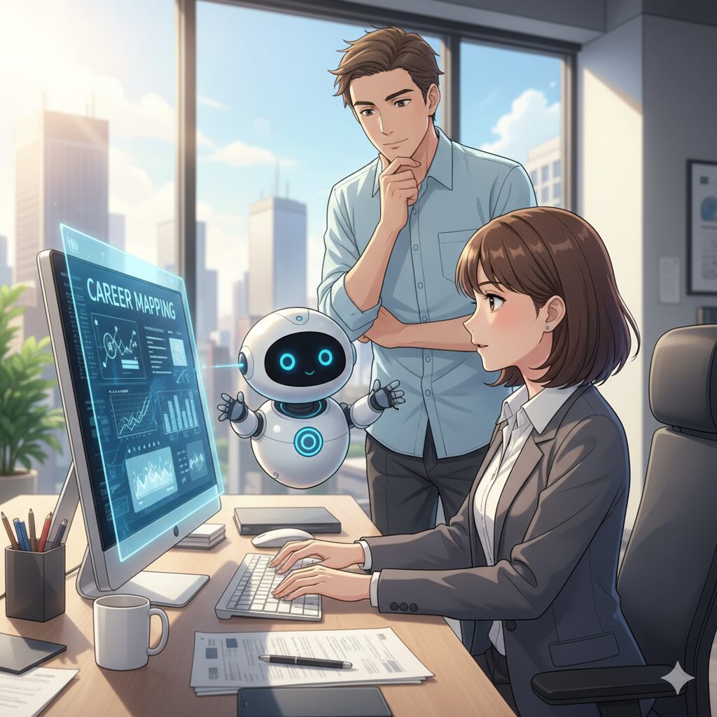 現代のオフィスで、可愛らしいAIロボットが女性のキャリアマッピングをPC画面に表示し、男性が女性のキャリアプランを興味深く見守っている様子。