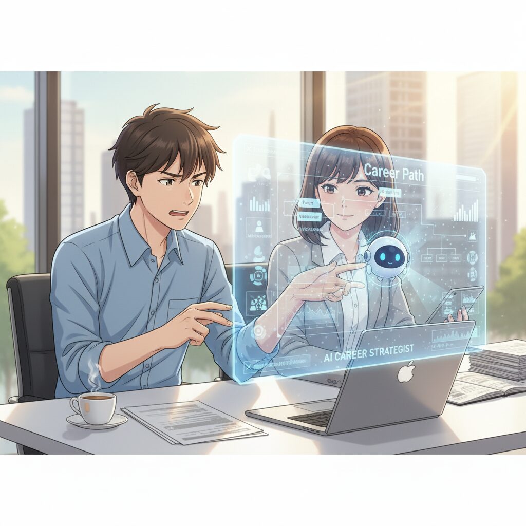 転職に悩む男性がAIキャリア戦略家のアドバイスを受け、未来のキャリアパスをホログラムで確認している様子。