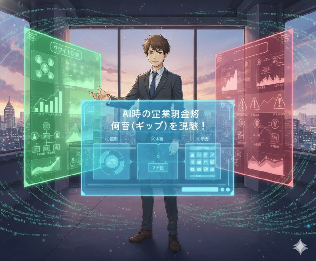 ビジネススーツを着た男性が、未来的なオフィスでAIを使って企業情報を分析している様子。彼の周りには、日本語で「ホワイト企業」と書かれた緑色のホログラフィックパネルと、「AIで企業の実態・ギャップを見抜く!」と書かれた青色のホログラフィックパネルが表示されており、それぞれのパネルにはグラフやデータが描かれている。男性は自信に満ちた表情で、AIが企業の実態を見抜く手助けをしていることを示唆している。背景には、都市のスカイラインが広がり、データがデジタルコードのように流れている。