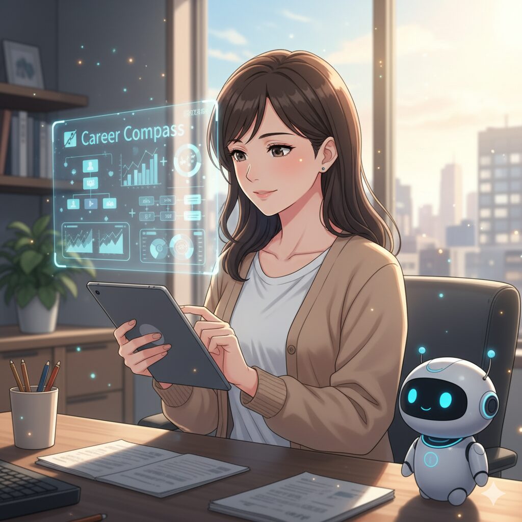 落ち着いた雰囲気のオフィスで、女性がタブレットを操作しながらAIによる企業分析データを見ている様子。彼女の隣には、AIアシスタントの小さなロボットが寄り添っている。ホログラムで表示されたデータは「Career Compass」と書かれており、キャリアプランニングや企業評価に関連する情報が視覚的に表示されている。窓の外には明るい日差しが差し込み、都市の景色が広がっている。