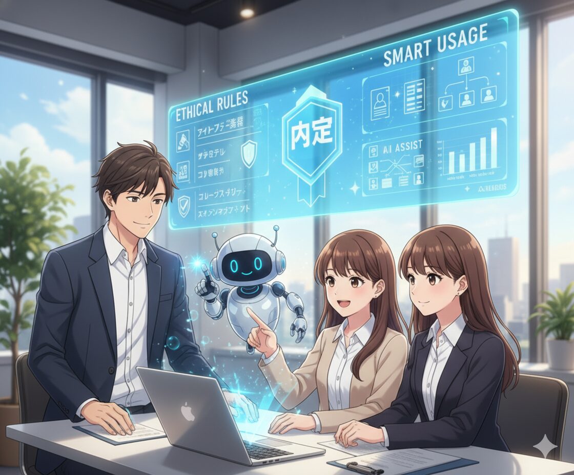 AI時代における就職活動(就活)の正しい使い方と倫理的ルールをテーマにしたブログのアイキャッチ画像です。未来的なオフィス空間で、男性の採用担当者、女性の就活生2名、そして親しみやすいロボットのAIアシスタントが描かれています。中央のホログラムスクリーンには、「内定」の文字、AIを賢く使うための「Ethical Rules(倫理的ルール)」や「Smart Usage(賢い使い方)」の具体的な項目、AIアシストの機能(履歴書作成、面接対策、スキル分析など)がグラフィカルに表示されています。これは、就活におけるAIの適切な活用法と注意点を視覚的に表現し、内定獲得を目指す学生や転職希望者へのガイドとなるイメージです。