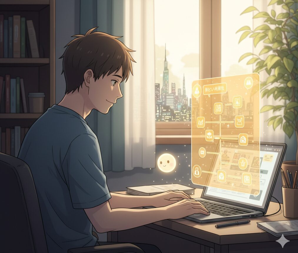 やりたいことがなかった男性が、AIを使って自分の方向性や道筋が見え始めて希望に満ち溢れている様子。