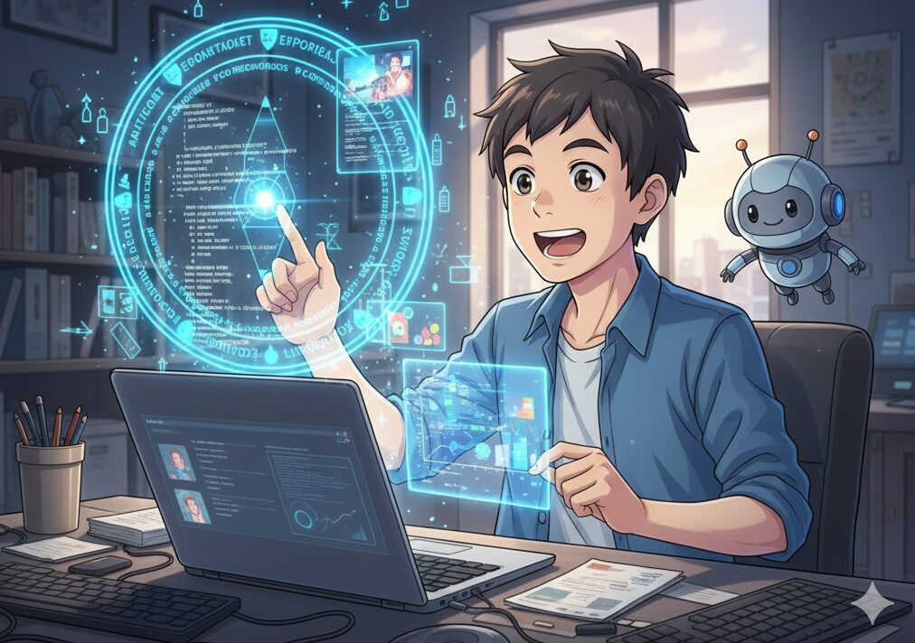 AI初心者の男性が、自宅のデスクでパソコンに向かい、困った表情をしながらも、目の前のホログラムに表示された「魔法のプロンプト」を学ぶ様子を描いたアニメ風イラスト。隣には親しみやすいロボットのAIアシスタントが浮かび、複雑なAIの操作を簡単にするヒントを提供している。「AIが動かない」という悩みから卒業し、コピペで使えるプロンプトで効率的にAIを活用する方法をテーマにしたブログのアイキャッチ画像。