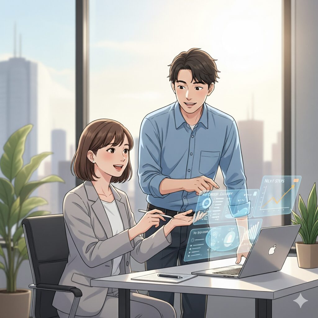 AIについて、優しく説明を受けている女性と教えている男性