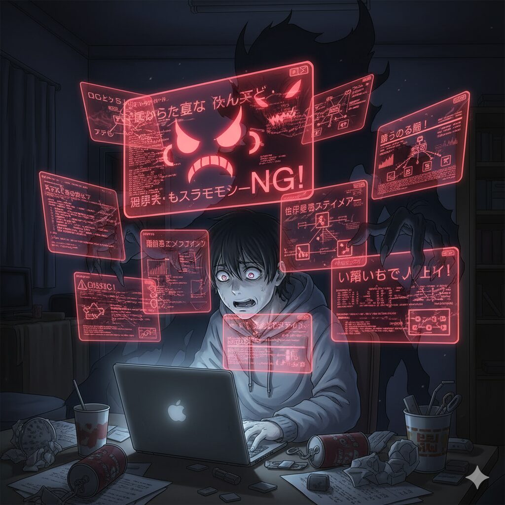 AIを間違った方法で使用した結果、混乱と絶望に陥る男性が描かれたアニメ風イラストです。薄暗い部屋でパソコンに向かう男性の周りには、真っ赤なホログラムディスプレイが乱立し、不適切なAI利用によるエラーメッセージや警告、データ漏洩、倫理的問題を示唆するアイコンが不気味に表示されています。背後には悪意ある影のような存在が男性を覆い、AIの誤用が引き起こす危険性や破滅的な結果を象徴しています。