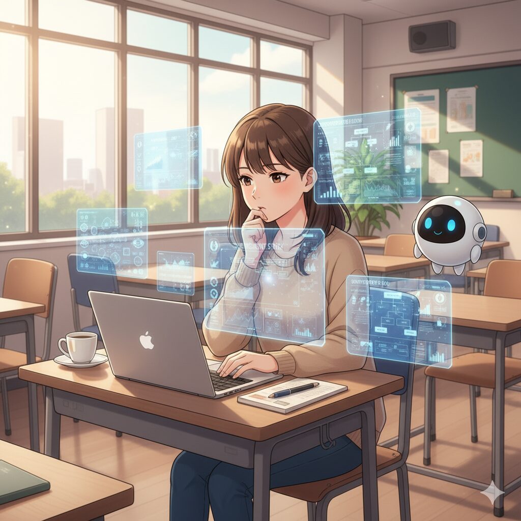 大学の教室でノートパソコンを使い、志望動機を考えている女子大生と、周りに表示されるホログラフィックな情報、そして彼女をサポートする小さなロボット。