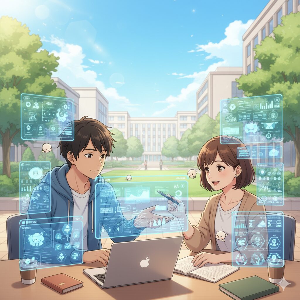 大学のキャンパスで、二人の大学生がホログラフィックなデータを囲んでお互いの強みや情報を分析し合っている様子。未来的な学習環境を示唆するアイキャッチ画像。