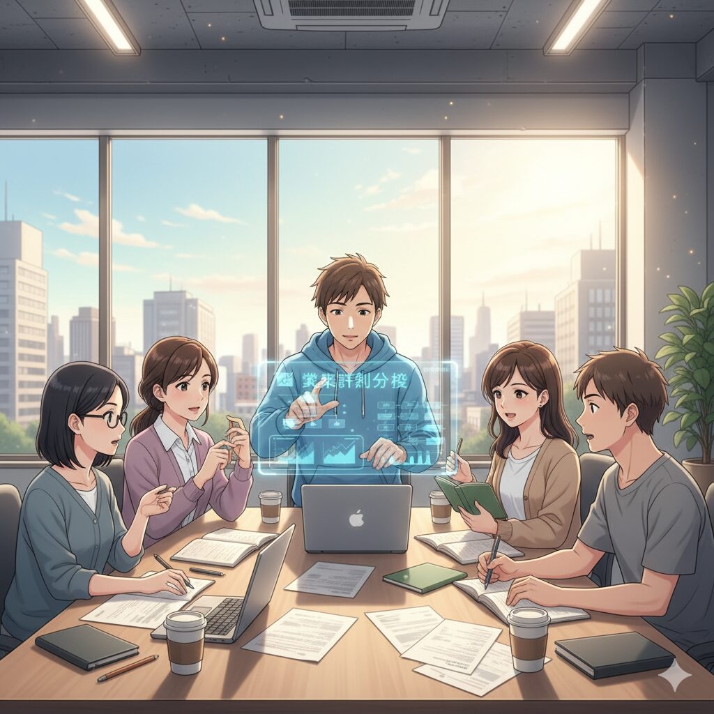 明るい会議室で、大学生の男女グループがAIを活用して企業分析を行っている様子。中央にいる男性がラップトップのホログラフィックディスプレイを操作し、「企業詳細分析」と書かれた情報を指し示している。テーブルには複数の資料、ノート、コーヒーカップが置かれており、皆真剣な表情で議論に参加している。窓の外には都市のビル群が広がっている。