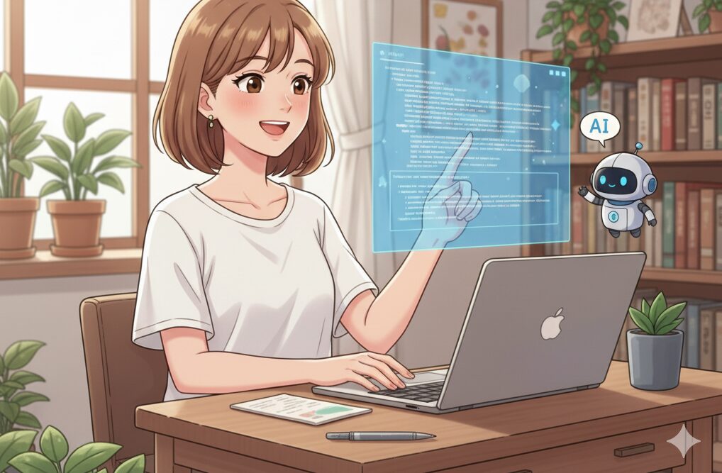 AI初心者の女性が、自宅の明るい部屋でパソコンを操作し、笑顔でAIアシスタントから「魔法のプロンプト」のレクチャーを受けているアニメ風イラスト。ホログラムにはプロンプトのコードや指示が表示され、隣には可愛らしいロボットのAIキャラクターが浮かんでいる。AIの難しさを克服し、コピペで簡単に使えるプロンプトの作り方を学ぶことで、キャリアアップを目指すポジティブなイメージを表現している。