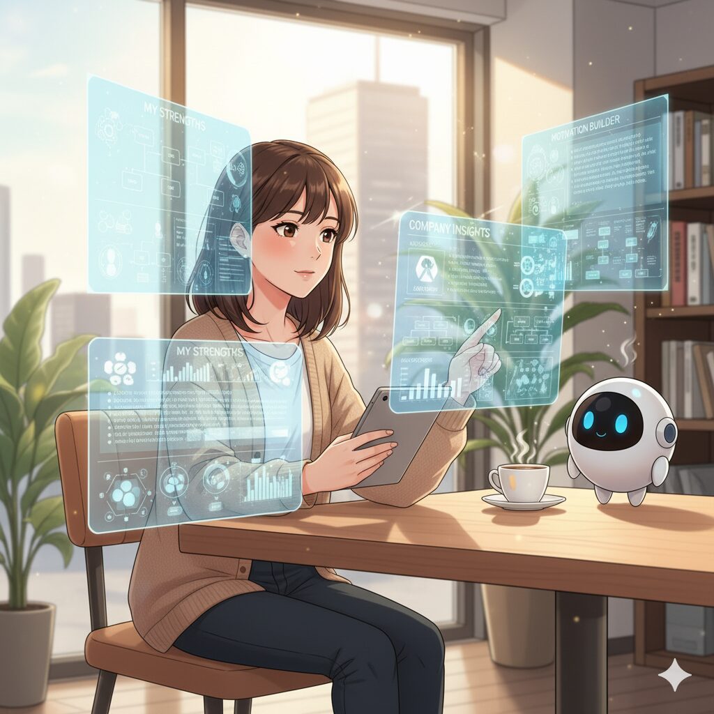 AIアシスタントと共に、自身の強みと企業情報を整理し、志望動機を作成する女性の様子。ホログラフィックな情報が彼女の周りに表示され、思考プロセスを視覚化している。