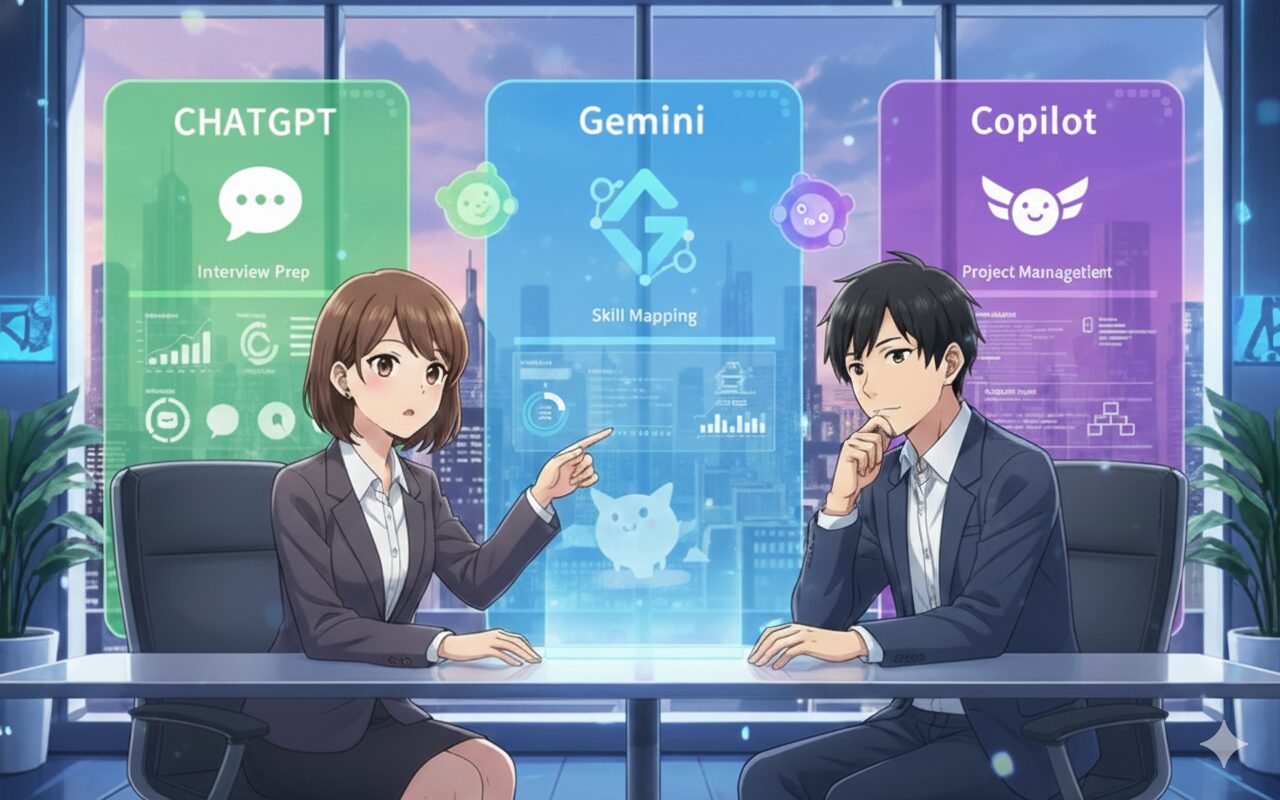 「2025年最新比較」というタイトルをイメージしたブログアイキャッチ画像です。未来的なオフィスで男女のビジネスパーソンが、ChatGPT、Gemini、CopilotそれぞれのAIツールを比較検討しています。ホログラムで各ツールの特徴や用途(面接準備、スキルマッピング、プロジェクト管理など)が示されており、就職活動やキャリアアップにおけるAI選択の重要性を視覚的に表現しています。