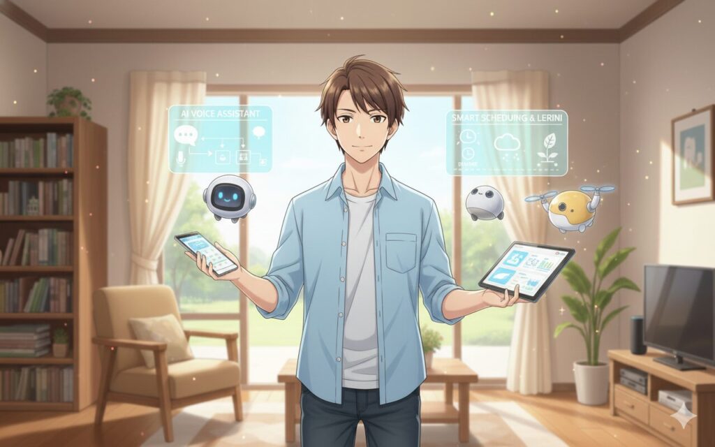 自宅で笑顔の男性がスマートフォンとタブレットを持ち、AIアシスタントやスマートスケジューリングのホログラムが表示されているイラスト。AIとの日常的な触れ合いや、難しくないAI活用を表現。