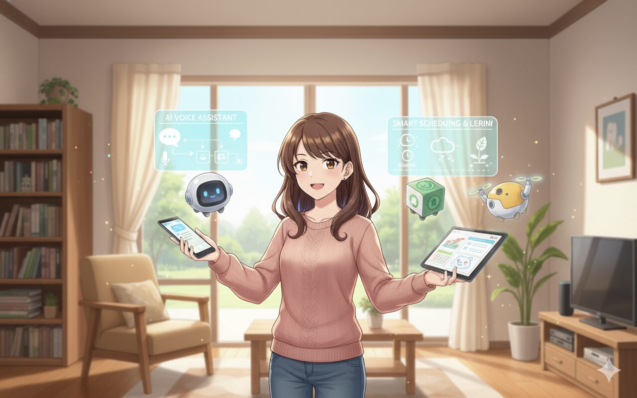 自宅で笑顔の女性がスマートフォンとタブレットを持ち、AIアシスタントやスマートスケジューリングのホログラムが表示されているイラスト。AIとの日常的な触れ合いや、難しくないAI活用を表現。