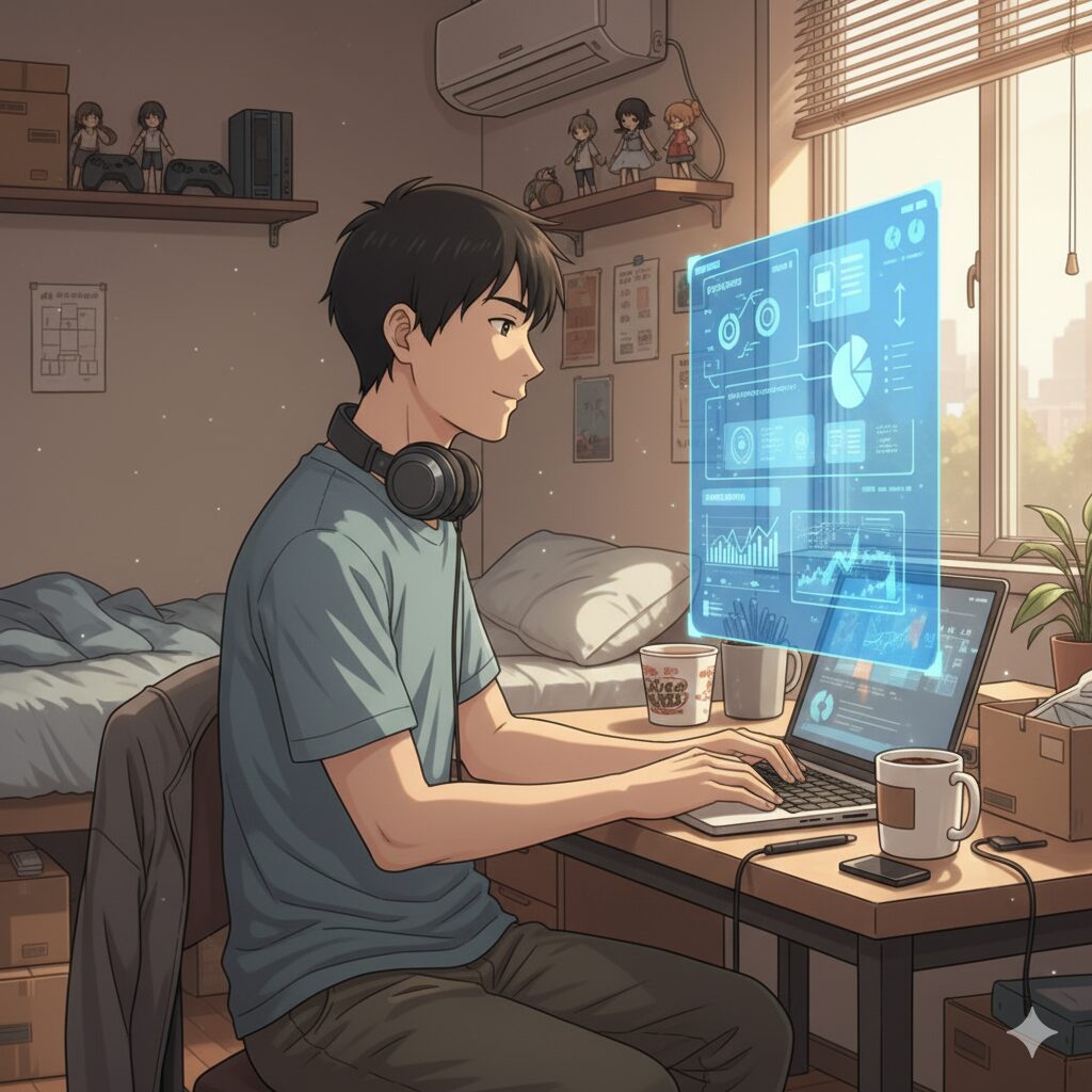 AIを活用して業界・企業研究を行う就活生のイラスト。ノートパソコンとホログラムの分析データを自信を持って操作している。