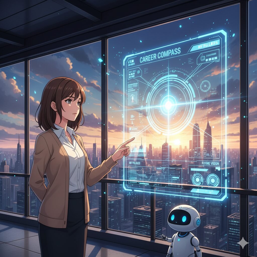未来都市を背景に、女性がAIアシスタントとホログラムの羅針盤を見つめているイラスト。AIを活用し「キャリアの軸」を定義する、上級者向け自己分析の未来志向なアプローチを表現。
