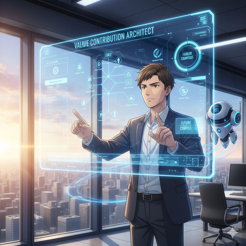 高層オフィスで、男性がAIアシスタントと共にホログラムで表示された「価値貢献アーキテクト」の戦略図や未来の羅針盤を操作しているイラスト。AIを戦略パートナーとしてキャリア設計する上級者向け自己分析を表現。