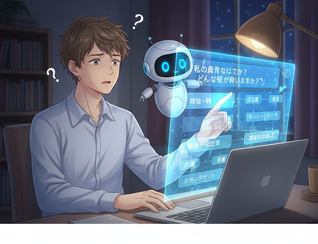 夜の部屋で男性が不安な表情でPCの前に座り、AIアシスタントが自己分析のホログラムを指し示すイラスト。自分の強みや特徴が分からない初級者向けAI自己分析の初歩を表現。