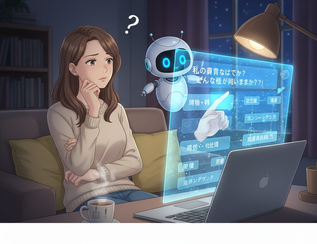 夜の部屋で女性が不安な表情でPCの前に座り、AIアシスタントが自己分析のホログラムを指し示すイラスト。自分の強みや特徴が分からない初級者向けAI自己分析の初歩を表現。