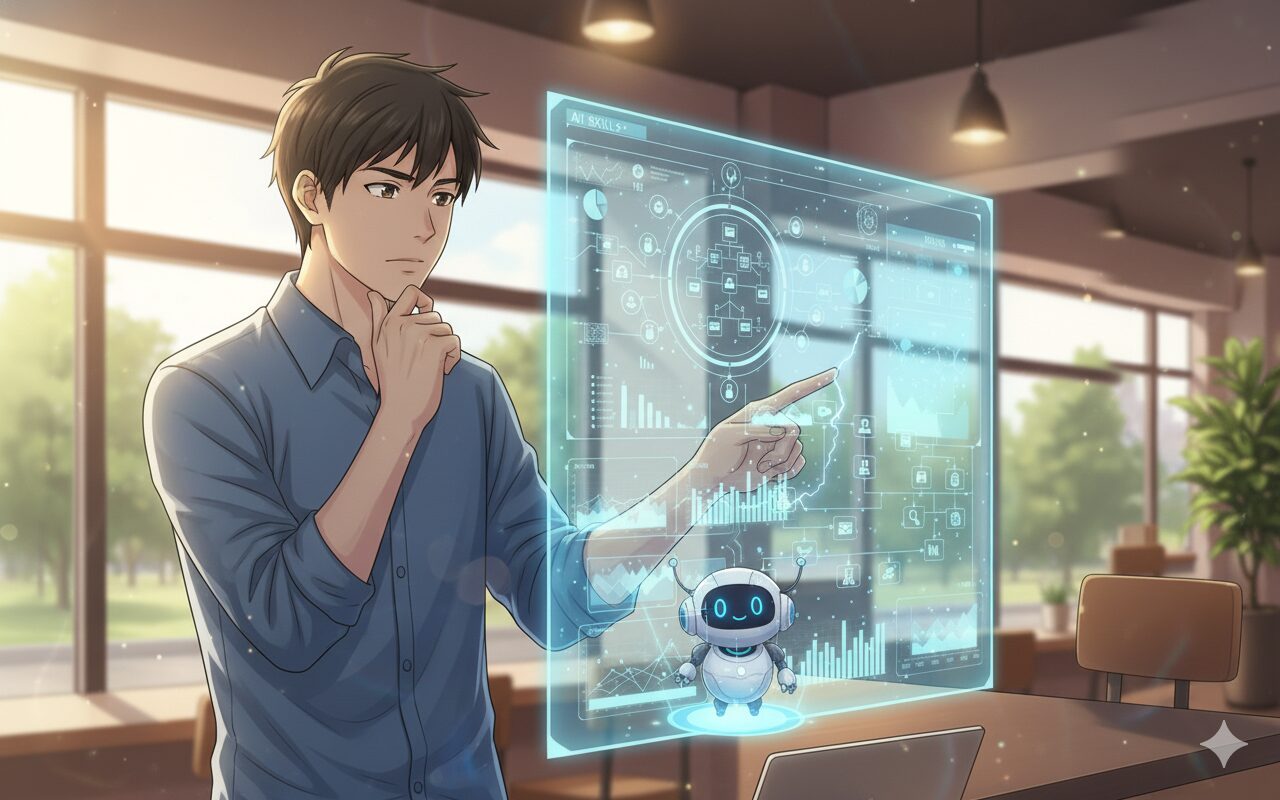 カフェのような空間で、男性がAIアシスタントと共にホログラム表示された複雑な自己分析データやスキルツリーを熟考しているイラスト。AIを活用した中級者向け自己分析の深い洞察を表現。