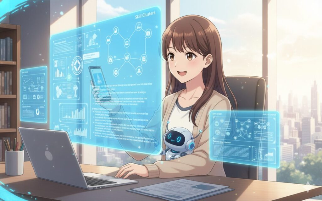 オフィスのような空間で、女性がスマートフォンを持ちながらAIアシスタントと対話し、スキルクラスターやキャリアパスのホログラムを見ているイラスト。具体的なAIプロンプトによる自己分析の深掘りを表現。