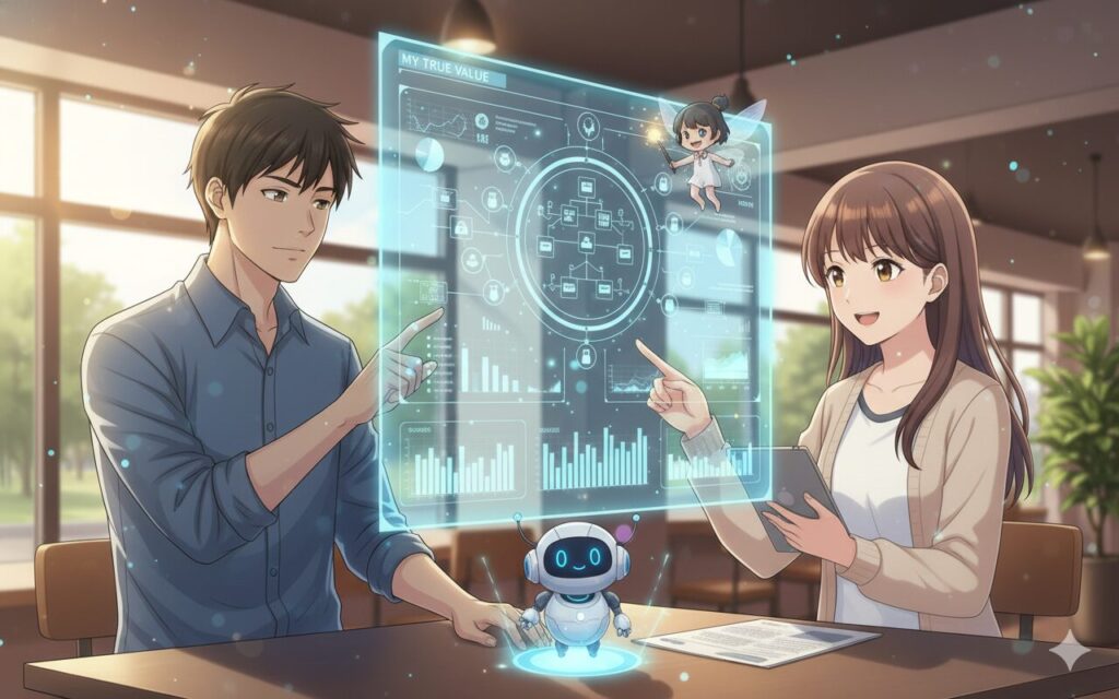 明るいカフェの窓際で、男女がAIアシスタントと共に「My True Value（私の本当の価値）」を示すホログラムに触れているイラスト。AIによる自己分析結果の統合と、自己理解の深化を表現。