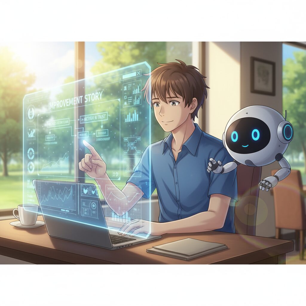 AIアシスタントロボットのサポートを受けながら、「IMPROVEMENT STORY」と表示されたホログラムUIを操作して自分の強み・弱みをAIと共に分析を行う若い男性