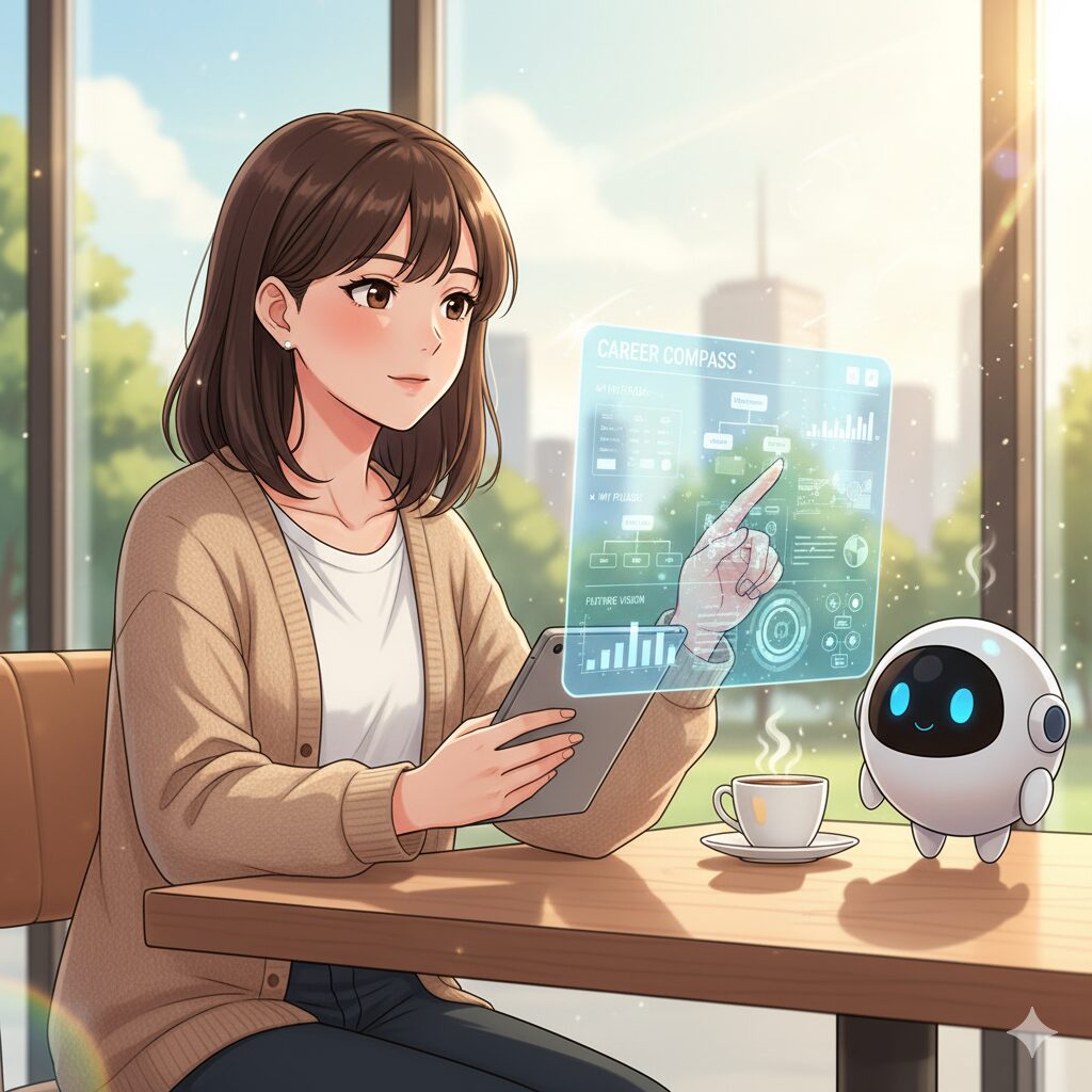 カフェでAIアシスタントロボットと共に、タブレットと「CAREER COMPASS」というホログラムUIを操作しながらキャリアプランを立てる若い女性