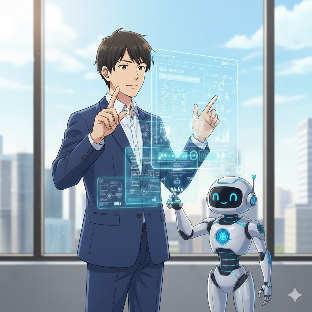 スーツ姿の男性がAIアシスタントとともにホログラムの自己分析データを指し示すイラスト。就職活動や転職における自己分析の重要性とAIによる客観的なサポートを表現