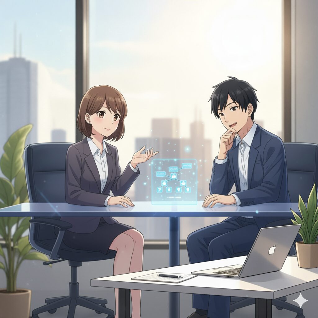 企業面接の場面で、AIによる分析情報を基に面接官と対等に対話する就活生のイラスト。就活生が自信を持って質問や意見を述べている。