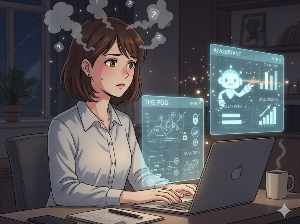 キャリアに悩む女子が生成系AIに頼るイメージ