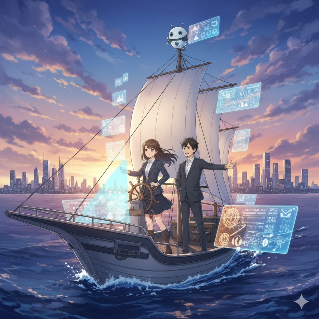 AIと共に作り上げた「キャリアの軸(羅針盤)」を手に、自信を持って未来の航海へと出発する男女。彼らはAIアシスタントロボットと、彼らの「軸」に基づいたデータを示すホログラフィックな情報に囲まれ、迷いなく前進している。