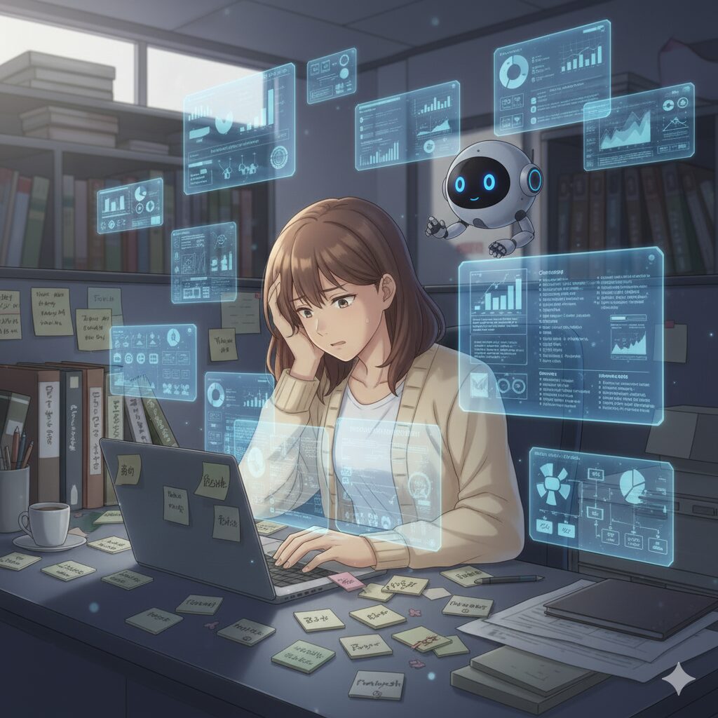 自己分析の結果を集めた様々なデータ(ホログラフィック表示や付箋)に囲まれ、どの企業を選べば良いか迷い、頭を抱えているビジネスパーソンの女性。AIアシスタントロボットが隣にいる。