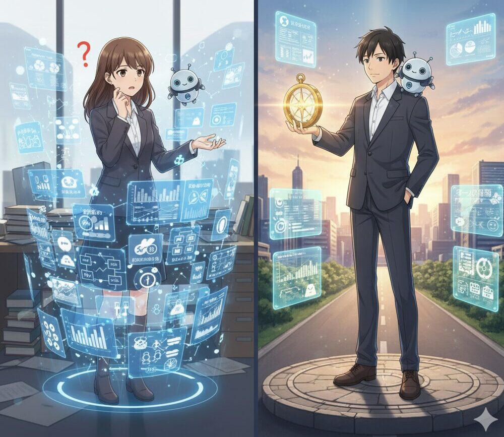 「自己分析」と「自分軸」の決定的な違いを視覚的に表現。左側では、自己分析で集めた「強み」「弱み」「価値観」などの“パーツ（地図）”に囲まれ、迷いを感じる女性とAI。右側では、自分軸（羅針盤）を手に入れ、未来への明確な方向性を見出した男性とAI。