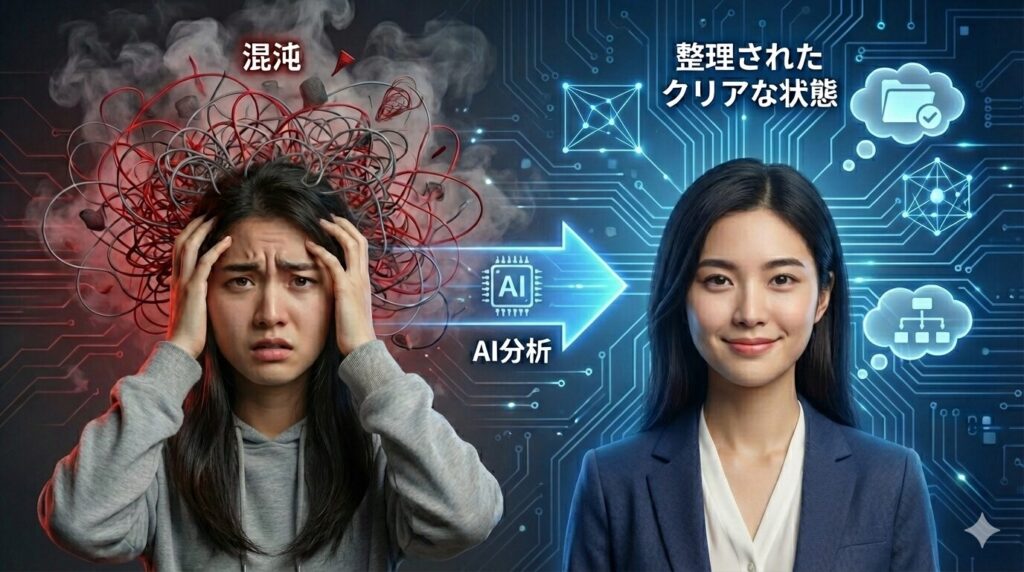 AIによる分析がもたらす変化を描いたビフォーアフター画像。左側は「混沌」と題され、グレーのパーカーを着た女性が頭を抱えて悩んでいる様子。頭上には赤く絡み合った線と煙があり、背景は赤黒い回路基板。中央には「AI分析」と書かれた青い矢印とチップのアイコンが右向きに配置されている。右側は「整理されたクリアな状態」と題され、同じ女性が紺色のジャケットを着て穏やかに微笑んでいる。頭上には整理されたフォルダやネットワーク図のアイコンがあり、背景は青く輝く回路基板。AI技術が複雑な状況を整理し、解決に導くプロセスを視覚化している。