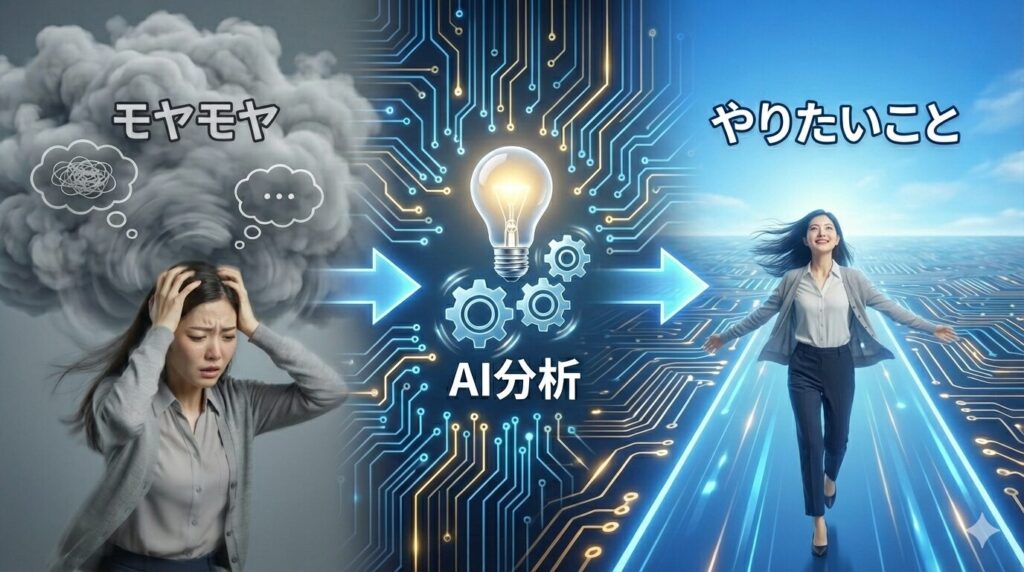 左側の暗い雲の下で「モヤモヤ」と頭を抱えて悩んでいた女性が、中央の電球と歯車で示される「AI分析」を経ることで、右側の明るい光に満ちた「やりたいこと」への道を自信の笑顔で歩き出す様子を描いたビフォーアフターのイラスト。AI技術が個人の悩みを解決し、将来の方向性を見出す手助けとなるプロセスを表現している。