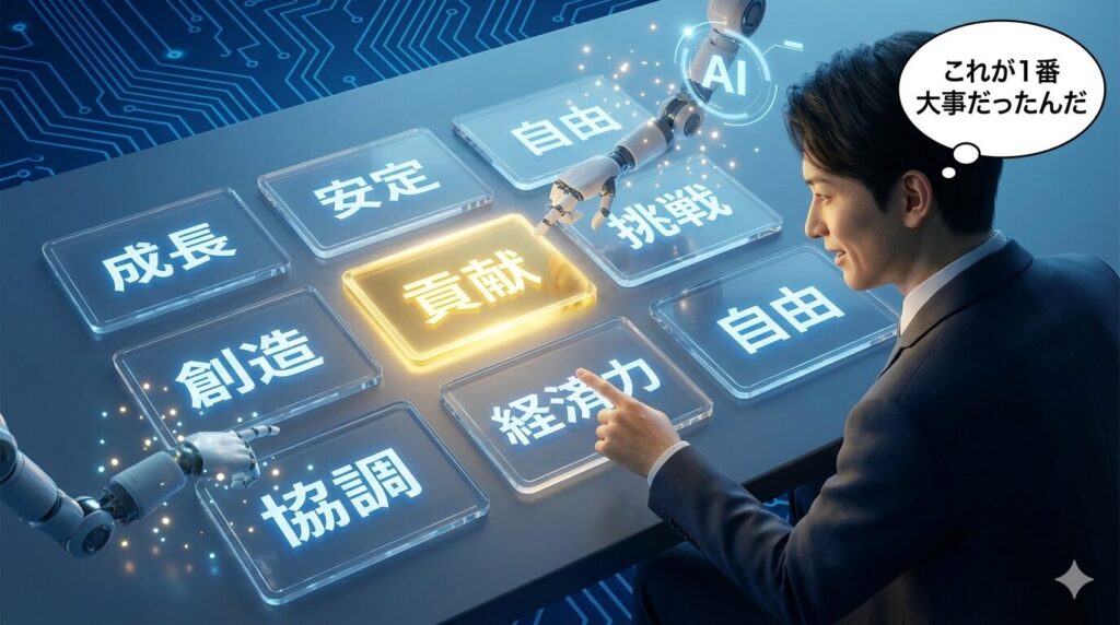 青い回路基板の背景で、スーツ姿の日本人男性がAIロボットアームと共に9枚の価値観カード（成長、安定、自由、貢献、挑戦、創造、協調、経済力）を整理している。AIが「貢献」のカードを金色に光らせて示し、男性が「これが1番大事だったんだ」と納得して指差している様子。