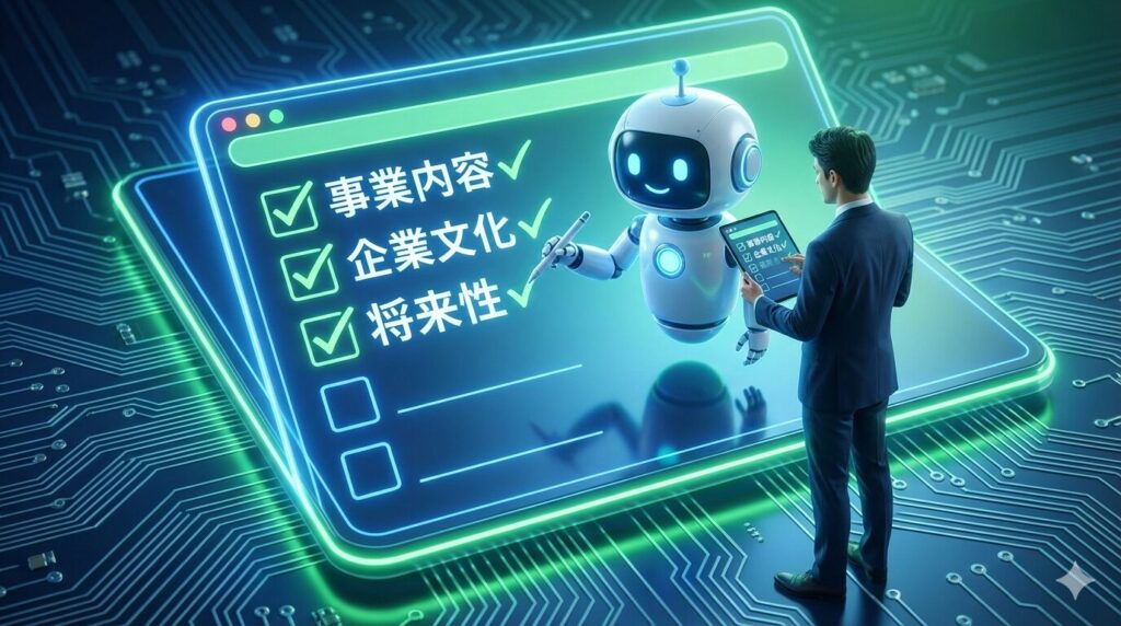 青と緑の光を放つ未来的な回路基板を背景に、白いAIロボットが空中に浮かぶホログラムのチェックリストにペンでチェックを入れている。リストには日本語で「事業内容」「企業文化」「将来性」と書かれ、すべてにチェックマークが付いている。その隣で、スーツ姿の男性ビジネスマンがタブレット端末を持ち、満足げにその様子を確認している。AIを活用した効率的な企業研究やデューデリジェンスの完了を表現したデジタルイラスト。