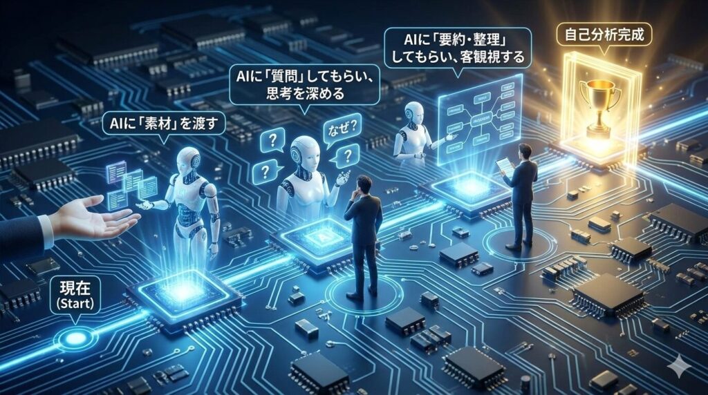 青く発光するデジタル回路基板上を流れるデータパスとして表現された、AIを活用した自己分析プロセスの3Dレンダリング画像。左下の「現在(Start)」から始まり、人間の手がAIロボットに情報を渡す「AIに「素材」を渡す」、AIの質問を受けて人間が思考する「AIに「質問」してもらい、思考を深める」、AIが情報を構造化して人間が確認する「AIに「要約・整理」してもらい、客観視する」の各段階を経て、右上の金色に輝くトロフィーが置かれた「自己分析完成」ゲートへと至る道のりが描かれている。