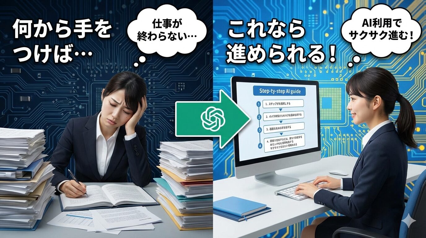 仕事の山に圧倒され「何から手をつけば…」と悩む女性が、中央のChatGPTロゴの矢印を経て、AIによるステップバイステップのガイドを活用し、「これなら進められる！」と効率的に業務を進める様子を描いたビフォーアフターの比較画像。