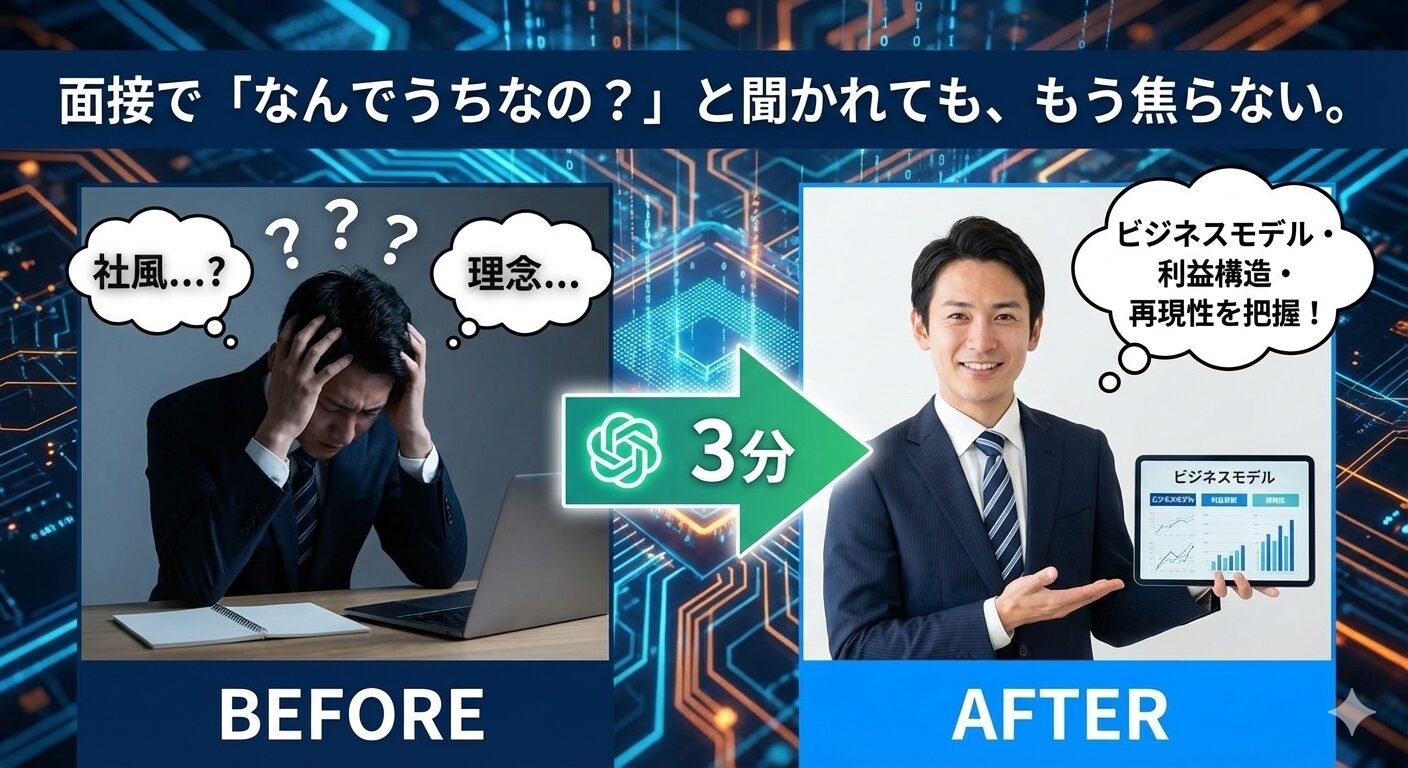 面接で「なんでうちなの？」と聞かれても焦らない方法を示すアイキャッチ画像。左側の「BEFORE」では、スーツを着た男性が頭を抱えて悩んでおり、「社風…？」「理念…？」といった吹き出しが出ている。中央にはChatGPTのロゴと「3分」という文字が入った矢印があり、右側の「AFTER」では、同じ男性が自信に満ちた表情でタブレットを持ち、「ビジネスモデル・利益構造・再現性を把握！」という吹き出しが出ている。背景は青い回路基板で、デジタルな雰囲気を表現している。