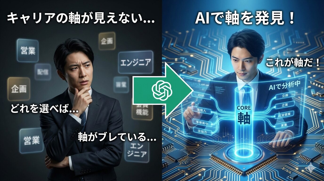 AI（ChatGPT）を活用したキャリアの軸発見のビフォーアフター比較画像。左側の暗い背景では、スーツ姿の日本人男性が多数の職種（営業、エンジニアなど）に囲まれ、「キャリアの軸が見えない」「どれを選べば…」と悩んでいる。中央のChatGPTロゴ入り矢印を経て、右側の明るい青と金の回路基板背景では、同じ男性がホログラム表示された「CORE 軸」と最適なキャリアパスを見て、「AIで軸を発見！」「これが軸だ！」と確信した表情を見せている。