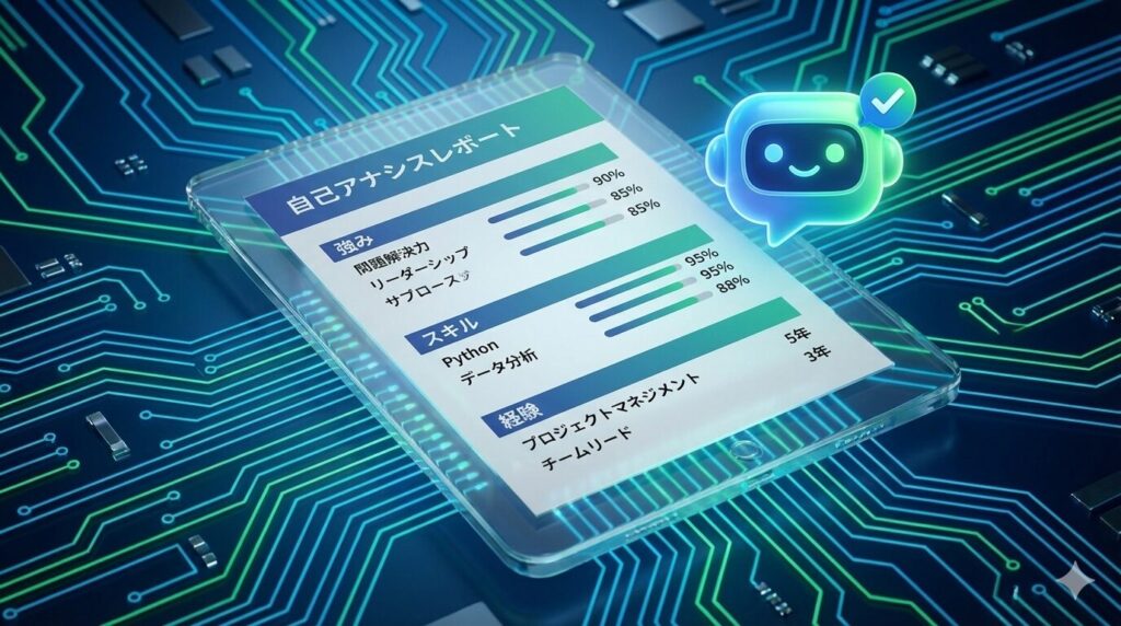 青と緑に発光する回路基板パターンを背景に、透明なタブレット端末に表示された「自己分析レポート」の3Dレンダリング画像。レポートには「強み」「スキル」「経験」のセクションがあり、それぞれの項目（例：問題解決力 90%、Python 95%、プロジェクトマネジメント 5年）が棒グラフや数値で可視化されている。タブレットの右横には、完了を示すチェックマークが付いた、笑顔のAIアシスタントのアイコンが浮かんでいる。AI技術を用いた詳細な自己評価結果を表現したデジタルイメージ。