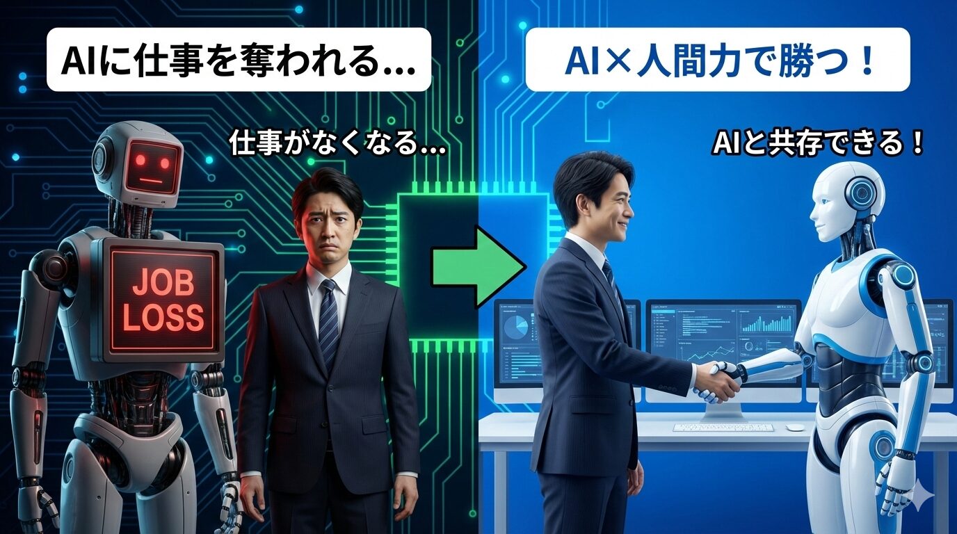 AIによる失業の不安から、AIと協力して成功する未来への転換を描いた左右分割のビフォーアフター画像。左側の暗い背景には「AIに仕事を奪われる...」「仕事がなくなる...」というテキストとともに、不安そうなスーツ姿の男性が、「JOB LOSS」と赤く表示された無機質なロボットの横に立っている。中央の緑色の矢印を経て、右側の明るい青い背景のオフィスでは、「AI×人間力で勝つ！」「AIと共存できる！」というテキストとともに、同じ男性が笑顔で洗練された白いヒューマノイドAIロボットと握手を交わし、協力関係を築いている様子が描かれている。