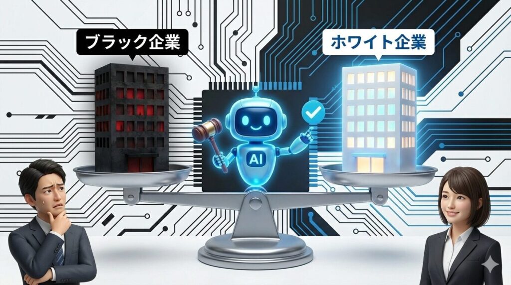 デジタル回路基板を背景に、天秤の中央で小槌を持ったAIロボットが、左右の企業のビルを判定している3Dイラスト。左側の皿には窓から赤い光が漏れる黒いビルがあり、「ブラック企業」の吹き出しが付いている。それを見て、左側のスーツの男性は困惑した表情で汗をかいている。右側の皿には窓から明るい光が漏れる白いビルがあり、「ホワイト企業」の吹き出しが付いている。AIロボットは右側のビルを指差し、青いチェックマークを表示しており、右側のスーツの女性はそれを見て穏やかに微笑んでいる。天秤は水平に保たれており、AIによる公平な評価が示唆されている。