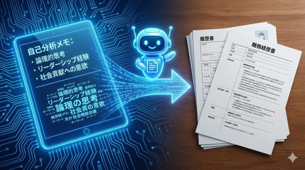 青く光る回路基板を背景に、AIを活用した自己分析から応募書類作成までの流れを示す3Dレンダリング画像。左側のタブレットには「自己分析メモ」として「論理的思考」「リーダーシップ経験」「社会貢献への意欲」といったキーワードが表示されている。中央では、笑顔のAIロボットキャラクターが、タブレットから右側の「履歴書」「職務経歴書」へ向かう光の矢印を案内しており、データが書類に反映されるプロセスを視覚的に表現している。右側の木製デスク上には、完成した履歴書と職務経歴書が置かれている。