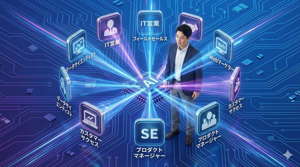 青い光を放つデジタル回路基板の上に立つスーツ姿の男性。足元の「AI」と書かれたプロセッサーから放射状に光が伸び、IT営業、フィールドセールス、Webマーケター、カスタマーサクセス、プロダクトマネージャー、SE、データサイエンティストといった、多様なIT関連職種のアイコンと名称が円形に浮かび上がっている。AIが人間にキャリアの可能性や選択肢を提示している未来的なイメージ。