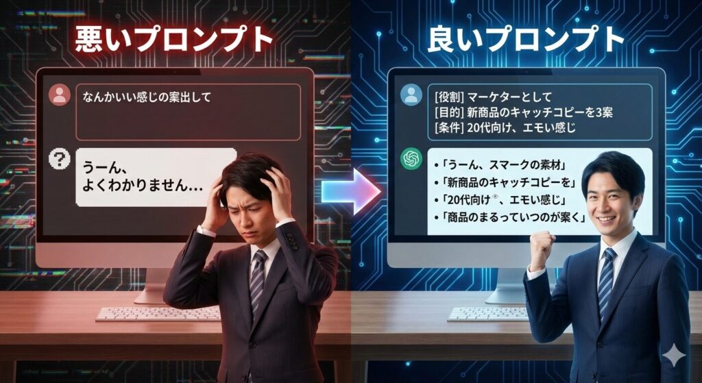 Iプロンプトの良し悪しによる結果の違いを示したビフォーアフター比較画像。左側の赤色背景の「悪いプロンプト」では、曖昧な指示(「なんかいい感じの案出して」)に対しAIが困惑し、スーツ姿の男性が頭を抱えている。右側の青色背景の「良いプロンプト」では、役割・目的・条件を構造化した明確な指示により、AIから具体的な回答が得られ、同じ男性がガッツポーズで喜んでいる様子を対比させている。