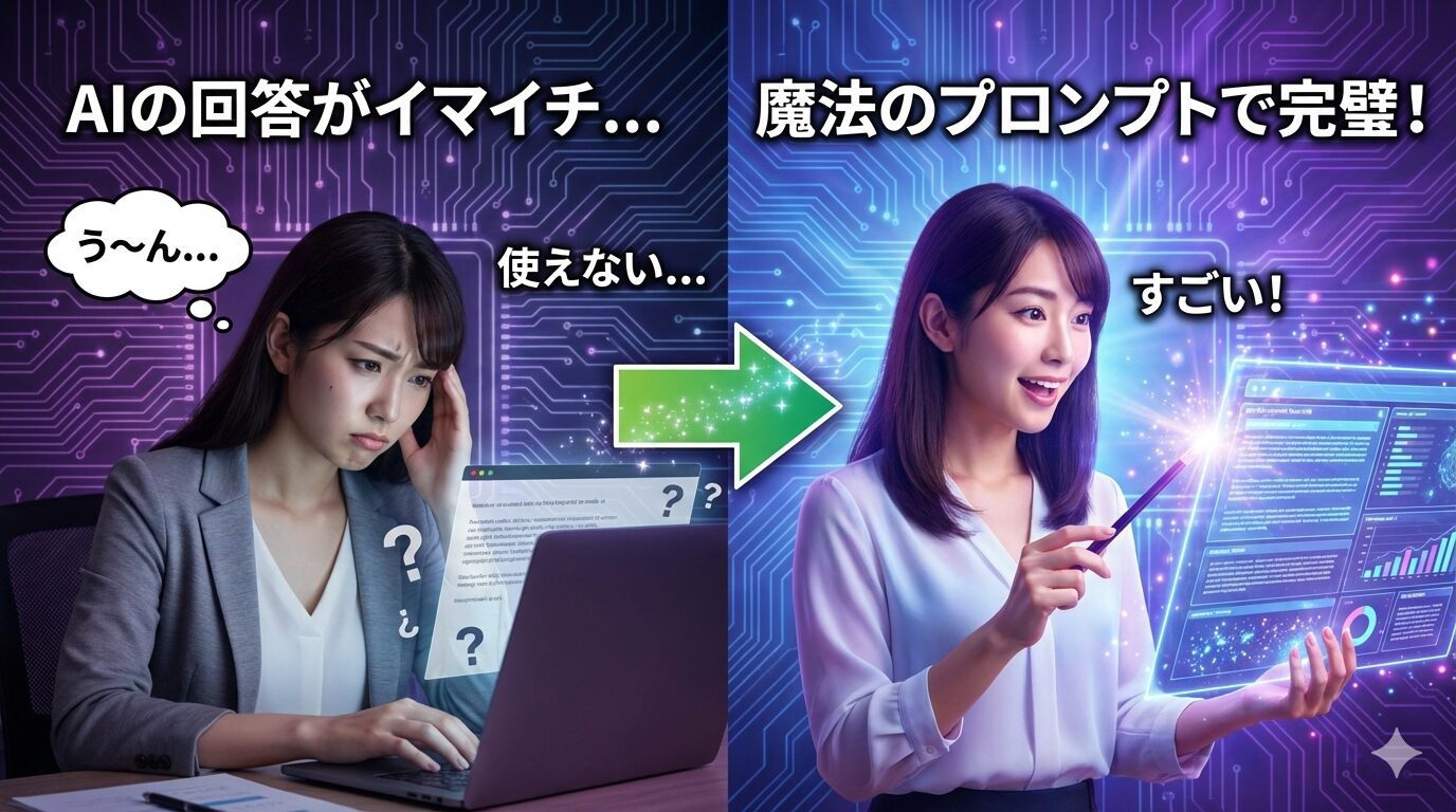 AIプロンプト作成のBefore/After比較画像。左側は暗い紫色の背景で、困惑した日本人ビジネスウーマンがPCの前で「AIの回答がイマイチ…」「使えない…」と悩んでいる様子。中央の緑色の矢印を経て、右側は明るい青と紫の背景で、同じ女性が魔法の杖のようなペンを使い、高品質なデータが表示された画面を見て「魔法のプロンプトで完璧！」「すごい！」と感動している様子。
