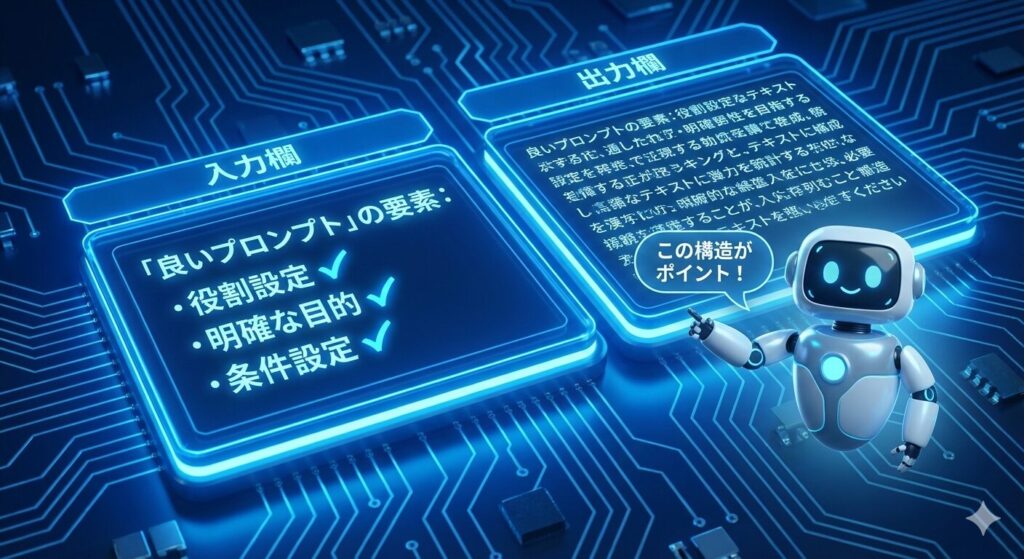 青く光る回路基板を背景にしたタブレット画面で「良いプロンプトの構造」を解説するインフォグラフィック図。「役割設定」「明確な目的」「条件設定」「出力形式」の4要素がチェックされており、それによって「高品質な回答例」が得られる様子を、青いAIロボットが「この構造がポイント!」と指し示している。